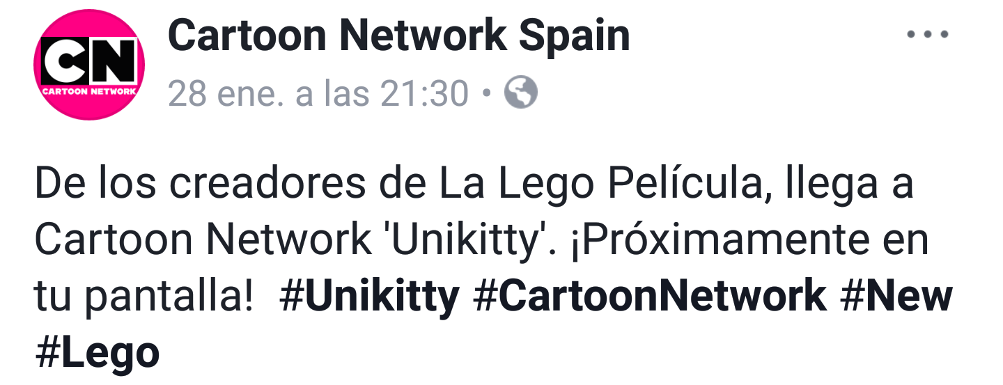 Publicación oficial de Cartoon Network España en Facebook, Llega Unkity a Cartoon Network que yo pienso ¿Seguro que a Cartoon Network?