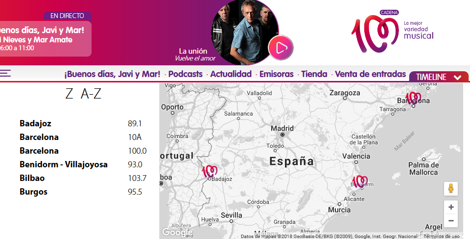 Frecuencias de Cadena 100 en el DAB de Barcelona, indicadas en la web de la emisora.