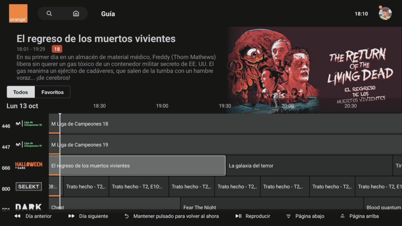 Captura de la guía EPG mostrando varios canales de Orange con horarios y barra de progreso visible.